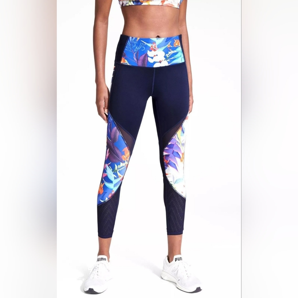 Athleta High Rise Precision 7/8 Leggings Tropical Navy Blue Floral, Size…